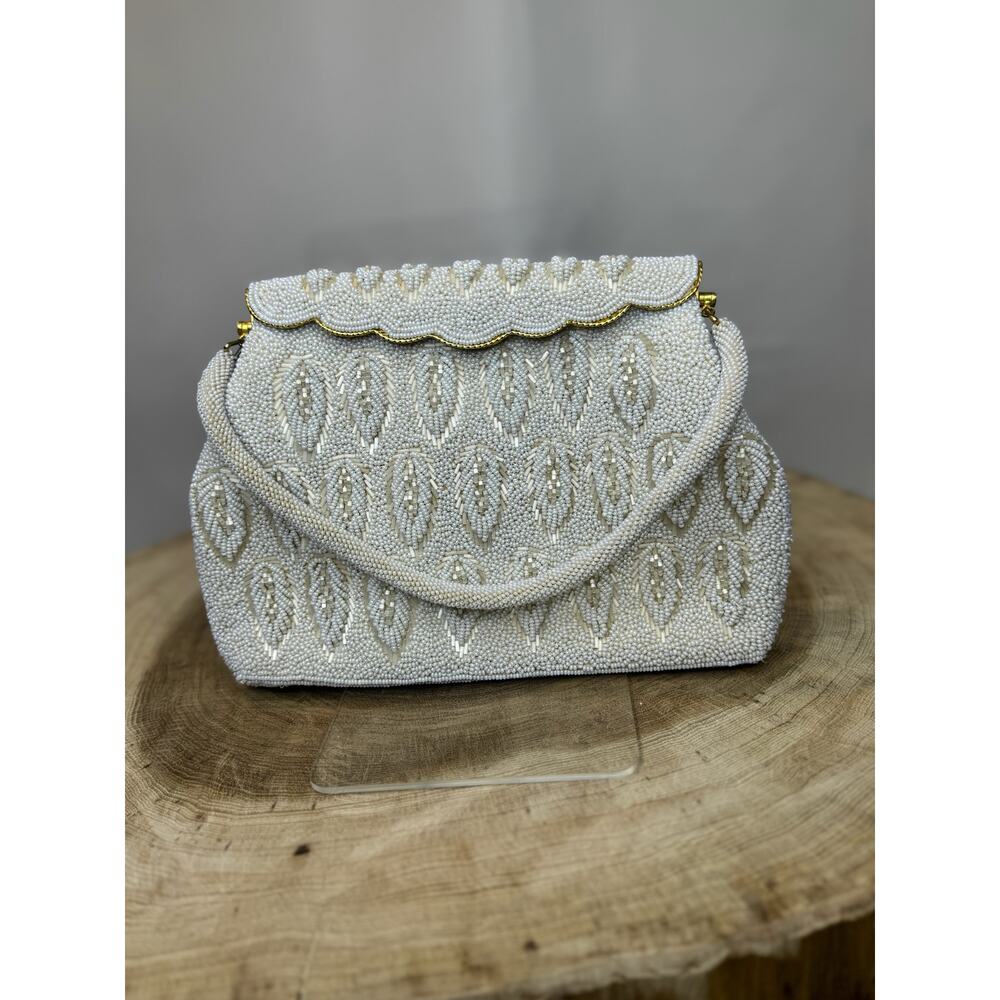 Vintage 1960s White Beaded Purse with Gold Trim and Beaded Handle
